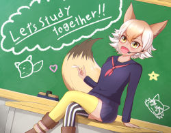 Rule 34 | animal ears, black jacket, blonde hair, coyote, coyote (kemono friends), gloves, highres, jacket, kemono friends, kemono friends v project, monaca (monamona), necktie, shirt, shoes, short hair, skirt, smile, tail, virtual youtuber, white shirt, wolf ears, wolf tail, yellow eyes, yellow gloves