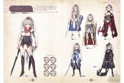 Rule 34 | 1girl, axe, battle axe, breasts, character name, cleavage, dungeon travelers 2, full body, highres, holding, holding sword, holding weapon, long hair, official art, page number, scan, simple background, sword, thighhighs, very long hair, weapon, white thighhighs
