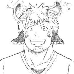 Rule 34 | 1boy, :d, absurdres, animal ears, bara, cow boy, cow ears, cow horns, facepaint, facial hair, fiery horns, forked eyebrows, glowing horns, goatee, greyscale, highres, horns, looking at viewer, male focus, monochrome, open mouth, portrait, short hair, smile, solo, tatatan (ts kon2), thick eyebrows, tokyo houkago summoners, upper body, wakan tanka