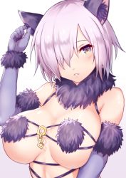 Rule 34 | 1girl, animal costume, animal ears, breasts, elbow gloves, fate/grand order, fate (series), gloves, hair over one eye, halloween costume, large breasts, mash kyrielight, mash kyrielight (dangerous beast), official alternate costume, parted lips, purple eyes, purple hair, shishikai, short hair, solo, wolf ears