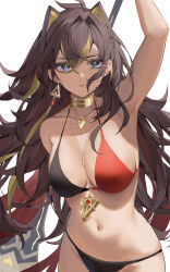 Rule 34 | 1girl, arm behind back, arm up, bikini, black hair, blonde hair, blue eyes, breasts, bright pupils, closed mouth, commentary, crossed bangs, dark-skinned female, dark skin, dehya (genshin impact), earrings, genshin impact, gold, gold choker, hair between eyes, hair ears, halterneck, highres, holding, holding polearm, holding weapon, jewelry, large breasts, long hair, looking at viewer, multicolored hair, multiple necklaces, navel, neck ring, necklace, polearm, raiya atelier, sideboob, simple background, single earring, slit pupils, solo, stomach, streaked hair, string bikini, swimsuit, tan, two-tone bikini, very long hair, wavy hair, weapon, white background