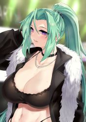 Rule 34 | 1girl, arm behind head, blush, bra, breasts, cleavage, collar, collarbone, earrings, green hair, green heart (neptunia), highres, jewelry, large breasts, looking at viewer, midriff, navel, neptune (series), nyamota, pants, parted lips, ponytail, purple eyes, seductive smile, smile, solo, sweat, thong, toned, underwear, vert (neptunia), whale tail (clothing)