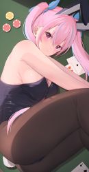 Rule 34 | 1girl, absurdres, animal ears, bent over, black pantyhose, breasts, casino, casino card table, fetal position, highres, hololive, leotard, looking at viewer, lying, minato aqua, on side, pantyhose, pink hair, playboy bunny, rabbit ears, red eyes, solo, starfox1015, table, thick thighs, thighs, virtual youtuber