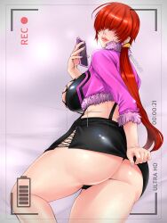Rule 34 | 1girl, ass, black panties, breasts, cellphone, dress, earrings, gluteal fold, heart, heart earrings, highres, huge ass, jewelry, large breasts, lipstick, long hair, makeup, nail polish, panties, phone, ponytail, recording, red hair, shermie (kof), skirt, smartphone, solo, the king of fighters, underwear, upskirt