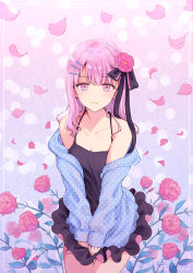 Rule 34 | 1girl, bare shoulders, black dress, black ribbon, blue jacket, breasts, cleavage, closed mouth, collarbone, cowboy shot, dress, flower, hair flower, hair ornament, hair ribbon, hairclip, highres, jacket, long hair, long sleeves, looking at viewer, medium breasts, nagidango, off shoulder, open clothes, open jacket, original, petals, pink eyes, pink flower, pink hair, polka dot, ribbon, rose, sleeveless, sleeveless dress, smile, solo, spaghetti strap, standing, unmoving pattern, v arms