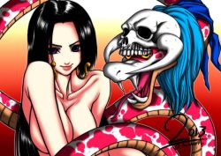Rule 34 | 1girl, 2013, animal, artist request, bare arms, bare shoulders, black hair, boa hancock, breasts, dated, earrings, fang, gradient background, highres, jewelry, large breasts, lips, long hair, nude, one piece, purple eyes, salome (one piece), signature, skull, smile, snake, tongue