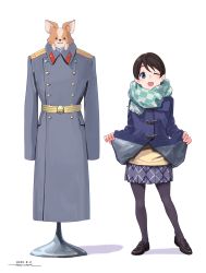 Rule 34 | :d, blue coat, blue eyes, blue scarf, brown footwear, brown hair, buttons, checkered clothes, checkered scarf, chikuwa (yurucamp), coat, coat lift, contrapposto, dated, double-breasted, grey coat, grey legwear, grey skirt, highres, horikou, loafers, long hair, long sleeves, looking at viewer, military, military uniform, one eye closed, open mouth, pantyhose, pleated skirt, saitou ena, scarf, shoes, signature, skirt, smile, soviet army, sweater, uniform, yellow sweater, yurucamp