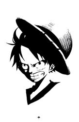 Rule 34 | 1boy, clenched teeth, greyscale, hat, highres, male focus, manly, monkey d. luffy, monochrome, one piece, scar, solo, straw hat, teeth, white background