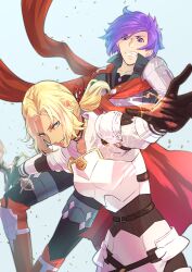 Rule 34 | 1boy, 1girl, armor, black gloves, blonde hair, blue eyes, breastplate, catherine (fire emblem), clenched teeth, commentary request, fire emblem, fire emblem: three houses, fire emblem warriors: three hopes, gloves, highres, holding, holding sword, holding weapon, nintendo, outstretched arm, ponytail, purple eyes, purple hair, riou (pooh920), shez (fire emblem), shez (male) (fire emblem), shoulder armor, sword, teeth, thunderbrand, weapon, white armor