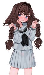 Rule 34 | 1girl, bad id, bad twitter id, black neckerchief, blue eyes, blush, braid, brown hair, elisia valfelto, eyebrows hidden by hair, grey sailor collar, grey serafuku, grey shirt, grey skirt, hair intakes, hands up, highres, holding, holding own hair, long hair, long sleeves, looking at viewer, luicent, neckerchief, original, parted lips, pleated skirt, sailor collar, school uniform, serafuku, shirt, simple background, skirt, solo, standing, thick eyebrows, twin braids, very long hair, white background