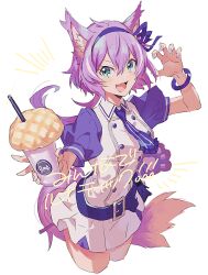 Rule 34 | &gt;:), 1girl, :d, animal ear fluff, animal ears, aqua eyes, belt, belt buckle, bracelet, bread, buckle, buttons, claw pose, collared dress, commentary, cowboy shot, cropped legs, cup, double-breasted, dress, drinking straw, ebira, fangs, food, food request, frilled necktie, from above, hairband, hand up, holding, holding cup, jewelry, long hair, looking at viewer, low ponytail, melon bread, necktie, notice lines, open mouth, outstretched arm, puffy short sleeves, puffy sleeves, purple hair, purple hairband, purple necktie, ruhuyu (show by rock!!), short sleeves, show by rock!!, simple background, skin fangs, smile, solo, standing, tail, v-shaped eyebrows, white background, white dress, wolf ears, wolf girl, wolf tail