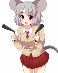 Rule 34 | 1girl, alternate costume, animal ears, brown jacket, collared shirt, cowboy shot, dowsing rod, grey hair, highres, jacket, leaning forward, long sleeves, looking at viewer, mouse ears, mouse tail, nazrin, necktie, pleated skirt, red eyes, red necktie, red skirt, school uniform, shirt, short hair, simple background, skirt, solo, sweater, tail, touhou, utakata (azaka00), white background, white shirt