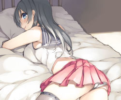 Rule 34 | 10s, 1girl, agano (kancolle), ass, black hair, blush, breasts, gloves, green eyes, kantai collection, large breasts, long hair, looking at viewer, looking back, lying, mikage sekizai, miniskirt, on stomach, school uniform, skirt, smile, solo, white gloves