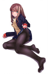 Rule 34 | 1girl, artist request, ass, black pantyhose, blue jacket, blue skirt, blush, brown hair, clothes lift, feet, full body, green eyes, gridman universe, highres, jacket, long hair, long sleeves, looking at viewer, lying, minami yume, on side, open clothes, open jacket, pantyhose, pleated, pleated skirt, school uniform, shirt, simple background, skirt, skirt lift, smile, soles, source request, ssss.dynazenon, toes, white background, yellow shirt