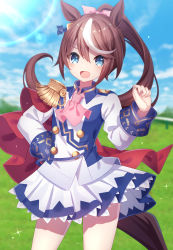 Rule 34 | 1girl, :d, absurdres, animal ears, ascot, blue eyes, blue sky, blurry, blurry background, brown hair, cloud, day, depth of field, epaulettes, hair between eyes, hair ribbon, hand on own hip, hand up, high ponytail, highres, horse ears, horse girl, horse tail, jacket, looking at viewer, multicolored hair, open mouth, outdoors, pink ascot, pink ribbon, pleated skirt, ponytail, ribbon, sapphire (sapphire25252), single epaulette, skirt, sky, smile, solo, streaked hair, tail, tokai teio (umamusume), umamusume, white hair, white jacket, white skirt