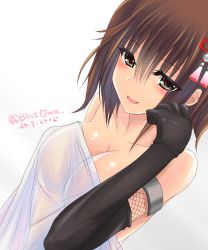 Rule 34 | 10s, 1girl, 2015, apron, bad id, black gloves, blasowa, blush, breasts, brown eyes, brown hair, cleavage, collarbone, covering privates, dated, elbow gloves, eyebrows, fishnets, gloves, gradient background, hair between eyes, hair down, hair ornament, hand on own face, highres, kantai collection, large breasts, naked apron, nude cover, see-through, sendai (kancolle), short hair, simple background, sketch, solo, tassel, twitter username, upper body