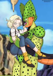 Rule 34 | 1boy, 1girl, android 18, bangle, black gloves, blonde hair, blue eyes, bracelet, carrying, cell (dragon ball), clenched teeth, denim, dragon ball, earrings, gloves, highres, jeans, jewelry, mary janes, nashdnash2007, necklace, orange socks, pants, pearl necklace, princess carry, semi-perfect cell, shoes, size difference, socks, tail, teeth, tongue, tongue out