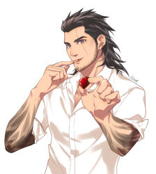Rule 34 | beard, black hair, candy, casual, chocolate, chocolate heart, collared shirt, facial hair, final fantasy, final fantasy xv, food, gladiolus amicitia, heart, hinoe (dd works), holding, holding chocolate, holding food, licking, licking finger, looking at viewer, male focus, medium hair, partially unbuttoned, scar, scar across eye, scar on face, shirt, smile, solo, square enix, upper body, white shirt