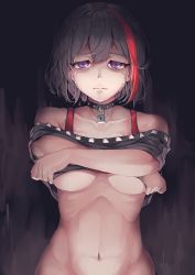 Rule 34 | 10s, 1girl, bang dream!, bare shoulders, black hair, breasts, choker, clenched teeth, clothes lift, collarbone, commentary, crying, crying with eyes open, eyebrows, half-closed eyes, highres, hiroki ree, lifted by self, looking at viewer, medium breasts, midriff, mitake ran, multicolored hair, navel, out-of-frame censoring, parted lips, purple eyes, red hair, shirt lift, short hair, solo, tears, teeth, two-tone hair, underboob, undressing