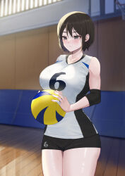 Rule 34 | 1girl, ball, bandaged fingers, bandages, basketball hoop, black shorts, blurry, blurry background, breasts, brown hair, collarbone, grey eyes, highres, holding, holding ball, large breasts, original, ramachiru, shirt, short hair, shorts, sleeveless, sleeveless shirt, solo, sportswear, sweat, volleyball (object), volleyball uniform, wooden floor