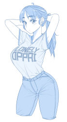 Rule 34 | 1girl, ahoge, arms behind back, arms up, artist name, blue theme, breasts, closed mouth, clothes writing, contrapposto, cowboy shot, cropped legs, ekz (robotekz), english text, highres, huge breasts, legs apart, long hair, looking at viewer, monochrome, original, pants, ponytail, shirt, shirt tucked in, short sleeves, simple background, solo, standing, thick eyebrows, tight clothes, tight pants, tying hair, white background