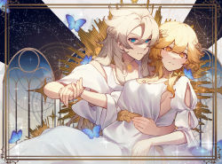 Rule 34 | 1boy, 1girl, ahoge, albedo (genshin impact), alternate costume, alternate hair ornament, ancient greek clothes, bad id, bad pixiv id, blonde hair, blue eyes, blush, braid, breasts, bug, butterfly, collarbone, couple, dress, eyelashes, french braid, genshin impact, greco-roman clothes, hair between eyes, half updo, head wreath, highres, holding hands, holding person, insect, large breasts, light brown hair, looking at viewer, looking to the side, lumine (genshin impact), medium hair, parted bangs, puffy sleeves, robe, scar, scar on neck, shotgunman, sideboob, sidelocks, sitting, white dress, white robe, white sleeves, yellow eyes