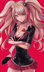 Rule 34 | 1girl, bear hair ornament, black choker, black jacket, blue eyes, bow, breasts, buttons, choker, cleavage, closed mouth, cowboy shot, crossed arms, danganronpa: trigger happy havoc, danganronpa (series), enoshima junko, gyaru, hair ornament, highres, huziko32, jacket, lace-trimmed choker, lace trim, large breasts, long hair, looking at viewer, loose necktie, miniskirt, monokuma, necktie, pink hair, pleated skirt, red background, red bow, red skirt, school uniform, short sleeves, simple background, skirt, smile, solo, swept bangs, twintails, v-shaped eyebrows, wavy hair