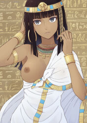 Rule 34 | 1girl, areola slip, black hair, blunt bangs, blunt ends, bob cut, breasts, cape, closed mouth, dark-skinned female, dark nipples, dark skin, dress, egypt, egyptian, egyptian clothes, ethnic clothing, grey eyes, hieroglyphics, highres, jewelry, kanden sky, large breasts, medium hair, nipples, one breast out, open clothes, open shirt, original, solo, traditional clothes, white cape, white dress