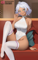 Rule 34 | 1girl, :q, absurdres, aqua eyes, bare shoulders, breasts, candy, closed mouth, collarbone, covered navel, dark-skinned female, dark skin, food, foot out of frame, grey hair, gundam, gundam suisei no majo, halter leotard, halterneck, highleg, highres, holding, holding candy, holding food, holding lollipop, jacket, kiu6, large breasts, leotard, lollipop, long sleeves, looking at viewer, off shoulder, open clothes, open jacket, secelia dote, short hair, sitting, smile, solo, thighhighs, thighs, tongue, tongue out, white leotard, white thighhighs