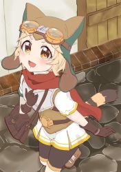 Rule 34 | 1girl, arm at side, armor, bag, belt, bike shorts, blonde hair, blush, breastplate, brown footwear, brown gloves, cat tail, cobblestone, commentary request, cygames, day, from above, gloves, goggles, goggles on head, hand on own chest, hat, hat with ears, kebakebasan, looking at viewer, looking up, matsuri (princess connect!), open mouth, outdoors, princess connect!, princess connect!, red scarf, road, satchel, scarf, shirt, short hair, short sleeves, solo, street, tail, underbust, untucked shirt, walking, white shirt, wooden door, yellow eyes