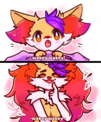 Rule 34 | 1girl, 2koma, :3, age progression, animal ear fluff, animal ears, animal nose, asymmetrical hair, blanket, blush, body fur, braixen, breasts, bright pupils, comic, commission, creatures (company), fang, female focus, fennekin, finger to mouth, fox ears, fox girl, furry, furry female, game freak, gen 6 pokemon, half-closed eyes, hand to own mouth, hand up, happy, heart, heart-shaped pupils, highres, hipcat twinkie, large breasts, looking at viewer, multiple views, neck fur, nintendo, notice lines, open mouth, orange eyes, outline, pokemon, pokemon (creature), purple hair, red eyes, short hair, smile, straight-on, symbol-shaped pupils, teeth, two-tone fur, upper body, white fur, white outline, white pupils, yellow fur