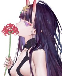 Rule 34 | 1girl, alternate hair length, alternate hairstyle, bare shoulders, breasts, eyeliner, fate/grand order, fate (series), flower, halterneck, headpiece, holding, holding flower, horns, kaguyuzu, long hair, looking at viewer, makeup, oni, pointy ears, purple eyes, purple hair, revealing clothes, shuten douji (fate), sideways glance, simple background, skin-covered horns, small breasts, solo, spider lily, upper body, white background