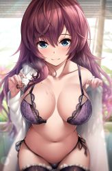Rule 34 | 1girl, blue eyes, blurry, blurry background, blush, bra, breasts, cleavage, collarbone, collared shirt, day, depth of field, garana, hair between eyes, highres, holding, ichinose shiki, idolmaster, idolmaster cinderella girls, indoors, jewelry, lace, lace-trimmed bra, lace-trimmed legwear, lace trim, large breasts, lingerie, long hair, long sleeves, looking at viewer, navel, open bra, open clothes, open shirt, panties, purple bra, purple hair, purple panties, shirt, side-tie panties, sidelocks, sitting, smile, solo, stomach, sunlight, thighhighs, thighs, underwear, wavy hair, white shirt