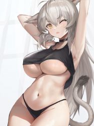Rule 34 | 1girl, absurdres, ahoge, animal ears, arms up, bare arms, black choker, black panties, breasts, cat ears, cat tail, choker, covered erect nipples, cowboy shot, crop top, cyobiro, final fantasy, final fantasy xiv, groin, hair between eyes, highres, large breasts, light brown hair, long hair, miqo&#039;te, navel, one eye closed, open mouth, panties, sidelocks, sleeveless, solo, stomach, tail, thighs, underboob, underwear, waking up, warrior of light (ff14), white background, yellow eyes