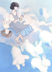 Rule 34 | 1girl, animal, apron, barefoot, basket, black hair, blue skirt, blue sky, blue theme, blunt bangs, blush, bob cut, closed eyes, closed mouth, cloud, cloudy sky, commentary, day, english commentary, facing to the side, fantasy, from side, full body, grey apron, hands up, highres, holding, holding needle, long skirt, needle, on cloud, original, outdoors, painting (medium), pin, pincushion, profile, puffy short sleeves, puffy sleeves, rabbit, schinako, scissors, sewing, sewing kit, sewing needle, sewing pin, shirt, short sleeves, sidelighting, signature, sitting, skirt, sky, smile, solo, spool, striped clothes, striped skirt, toes, traditional media, u u, vertical-striped clothes, vertical-striped skirt, white shirt, wristband