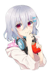 Rule 34 | 1girl, :t, brand name imitation, closed mouth, commentary request, copyright request, cropped torso, dated, eating, fast food, food, french fries, grey hair, hair between eyes, hair ornament, hairclip, headphones, headphones around neck, highres, holding, holding food, hood, hood down, hooded jacket, jacket, long sleeves, looking at viewer, mcdonald&#039;s, mole, mole under eye, polka dot, red eyes, shirasu youichi, simple background, solo, teeth, twitter username, upper teeth only, white background, white jacket