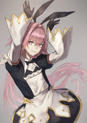 Rule 34 | 1boy, absurdres, aito, arms up, astolfo (fate), astolfo (saber) (fate), astolfo (saber) (third ascension) (fate), black bow, black gloves, black ribbon, bow, bowtie, commentary request, dress, fate/grand order, fate (series), gloves, grey background, hair between eyes, hair bow, hair intakes, hair ribbon, highres, long hair, long sleeves, looking at viewer, male focus, pink hair, purple eyes, ribbon, simple background, solo, trap, twintails