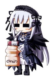Rule 34 | 00s, 1girl, = =, black dress, boots, bottle, brown footwear, chibi, chibi only, dress, drinking, drinking straw, full body, hairband, herada mitsuru, holding, lolita hairband, long hair, lowres, rozen maiden, silver hair, simple background, solo, standing, suigintou, very long hair, white background
