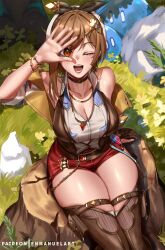 Rule 34 | 1girl, atelier (series), atelier ryza, atelier ryza 3, bare shoulders, belt, beret, black ribbon, blush, braid, breasts, brown eyes, brown gloves, brown hair, brown thighhighs, brown vest, choker, cleavage, clover hair ornament, collarbone, collared shirt, crown braid, earrings, enma (enmanuelart), gloves, hair ornament, hat, highres, jewelry, large breasts, looking at viewer, necklace, off shoulder, one eye closed, open clothes, open mouth, open vest, pendant, red shorts, reisalin stout, ribbon, rock, shirt, short hair, short shorts, short sleeves, shorts, single glove, sitting, sleeveless, slime (creature), smile, solo, star (symbol), star earrings, thigh strap, thighhighs, thighs, tree stump, vest, white hat, white shirt, yellow vest
