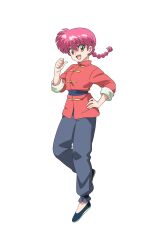 1girl braid chinese_clothes full_body genderswap genderswap_(mtf) no_socks official_art pink_eyes pink_hair ranma-chan ranma_1/2 saotome_ranma shoes single_braid solo tangzhuang transparent_background