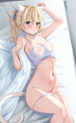 Rule 34 | 1girl, absurdres, animal ears, arm up, artist name, bare shoulders, blonde hair, blue eyes, blue ribbon, blush, breasts, camisole, cat ears, cat girl, cat tail, collarbone, dokimaru, feet out of frame, hair ribbon, highres, long hair, looking at viewer, lying, navel, nipples, on back, original, panties, panty pull, parted lips, ponytail, ribbon, see-through, small breasts, solo, stomach, tail, underwear, white panties