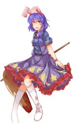 Rule 34 | 1girl, ambiguous red liquid, animal ears, blue hair, bracelet, rabbit ears, crescent, dress, irue, jewelry, jubctybn, kine, looking at viewer, mallet, open mouth, puffy short sleeves, puffy sleeves, red eyes, seiran (touhou), shoes, short sleeves, socks, solo, stain, star (symbol), touhou, white background