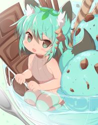Rule 34 | 1girl, :d, animal ears, bare arms, bare shoulders, black hair, blush stickers, brown leotard, candy, chocolate, chocolate bar, commentary request, cup, fang, food, green eyes, green hair, hair between eyes, hair ornament, ice cream, in container, in cup, in food, leotard, looking at viewer, mini person, minigirl, mint chocolate, mint chocolate chip, mofuaki, multicolored hair, open mouth, original, personification, ribbed leotard, seiza, short eyebrows, sitting, smile, solo, striped clothes, striped thighhighs, tail, thick eyebrows, thighhighs, two-tone hair, wafer stick