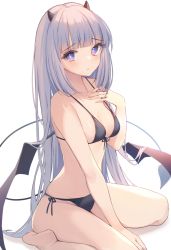 Rule 34 | 1girl, bare arms, bare legs, bare shoulders, barefoot, bikini, black bikini, black wings, breasts, closed mouth, commentary request, demon girl, demon horns, demon tail, demon wings, front-tie bikini top, front-tie top, hand up, horns, looking at viewer, medium breasts, miyanome, original, purple eyes, purple hair, shadow, side-tie bikini bottom, sitting, soles, solo, swimsuit, tail, wariza, white background, wings