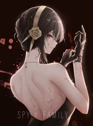 Rule 34 | 1girl, absurdres, back, back focus, backless dress, backless outfit, black dress, black hair, blood, dress, gloves, hair ornament, highres, jewelry, looking at viewer, looking back, necklace, red eyes, solo, spy x family, turbulence, yor briar