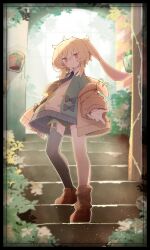 Rule 34 | 1boy, ahoge, animal ears, asymmetrical legwear, backlighting, black shorts, black thighhighs, blonde hair, blush, border, bow, brown cardigan, brown footwear, cardigan, closed mouth, collared shirt, commission, full body, garter straps, highres, jacket, kinakomoti, long sleeves, looking at viewer, lop rabbit ears, male focus, necktie, off shoulder, open cardigan, open clothes, open jacket, original, outdoors, rabbit boy, rabbit ears, red eyes, shirt, shoes, short hair, short hair with long locks, shorts, sidelocks, single sock, single thighhigh, skeb commission, smile, socks, solo, stairs, standing, sweater, thighhighs, trap, uneven legwear, white shirt