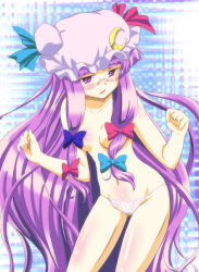 Rule 34 | 1girl, bespectacled, bow, female focus, glasses, hat, lingerie, long hair, mukai, nude, panties, patchouli knowledge, pink bow, purple hair, ribbon, solo, topless, touhou, underwear