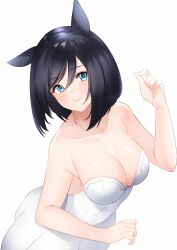 Rule 34 | 1girl, alternate costume, animal ears, bare shoulders, black hair, blue eyes, blush, bob cut, breasts, cleavage, closed mouth, commentary request, dress, eishin flash (umamusume), highres, horse ears, horse girl, large breasts, looking at viewer, miya star saa, short hair, simple background, smile, solo, strapless, strapless dress, umamusume, white background, white dress