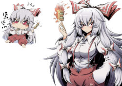 Rule 34 | :/, bow, breasts, closed mouth, collared shirt, eating, fire, food, fujiwara no mokou, grey hair, hair bow, hand in pocket, hidefu kitayan, highres, holding, holding food, large breasts, long hair, long sleeves, looking at viewer, multiple bows, pants, pyrokinesis, red eyes, red pants, shirt, simple background, suspenders, touhou, white background, white shirt