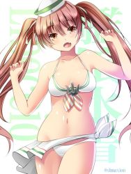 Rule 34 | 10s, 1girl, alternate skin color, bare shoulders, bikini, breasts, brown eyes, brown hair, collarbone, dixie cup hat, fang, front-tie top, hair ribbon, halterneck, hat, kadokawa shoten, kantai collection, libeccio (kancolle), long hair, maki (seventh heaven maxion), medium breasts, military hat, open mouth, ribbon, sailor hat, solo, stomach, swimsuit, twintails, white bikini